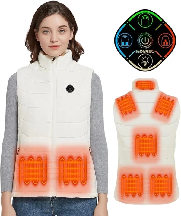 Modèle souriant portant une veste chauffante blanche idéale pour les activités de plein air.