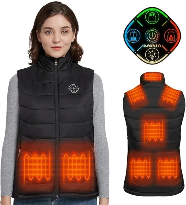 Modèle souriant portant une veste chauffante noir idéale pour les activités de plein air.